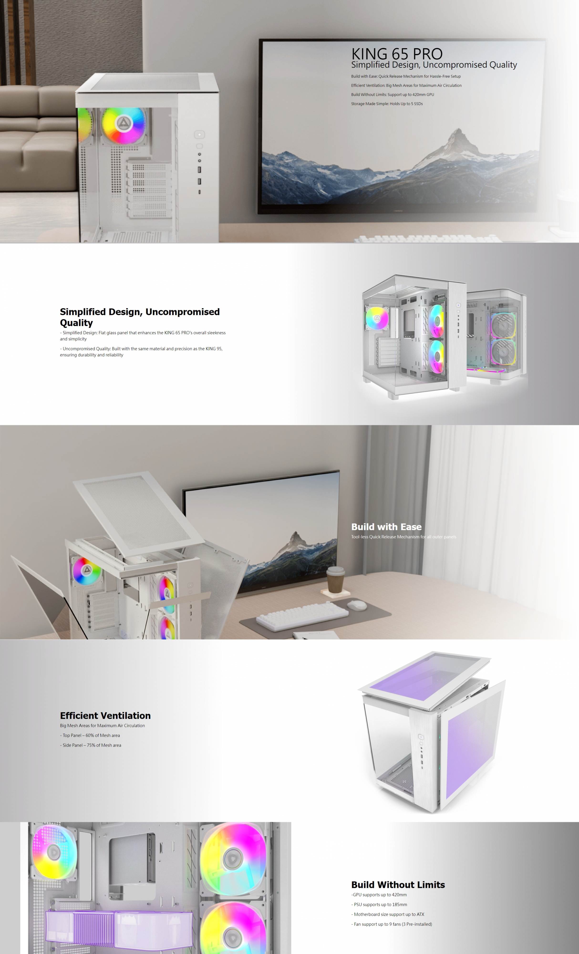 A large marketing image providing additional information about the product Montech KING 65 Pro - Dual-Chamber Tempered Glass Mid Tower Case (White) - Additional alt info not provided